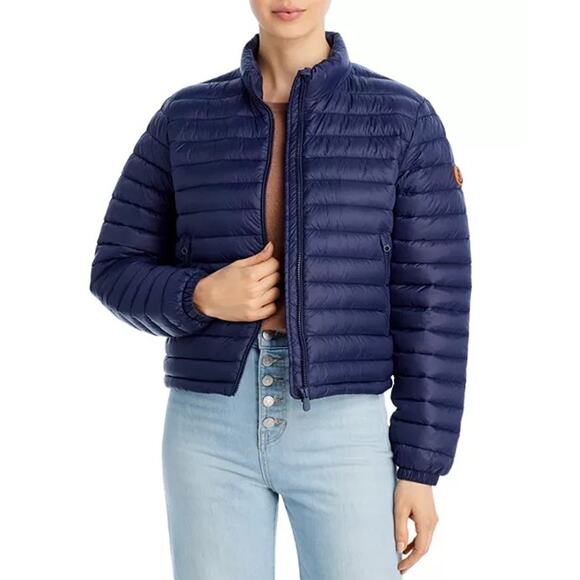 Save The Duck Women Large Neha Cropped Puffer Jacket Blue Ultra Lightweight Coat - Picture 1 of 12